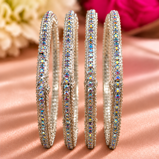 Silver Filigree Geometric Kada Bangles - Set Of 4