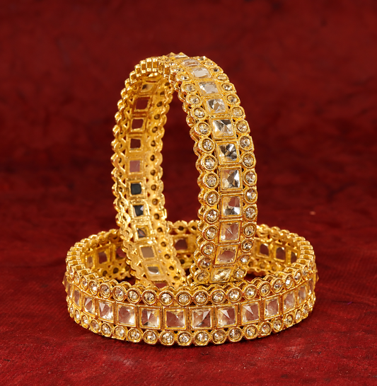 Gold-Plated Premium Square Zircon Stone Designer Bangles - Set of 2
