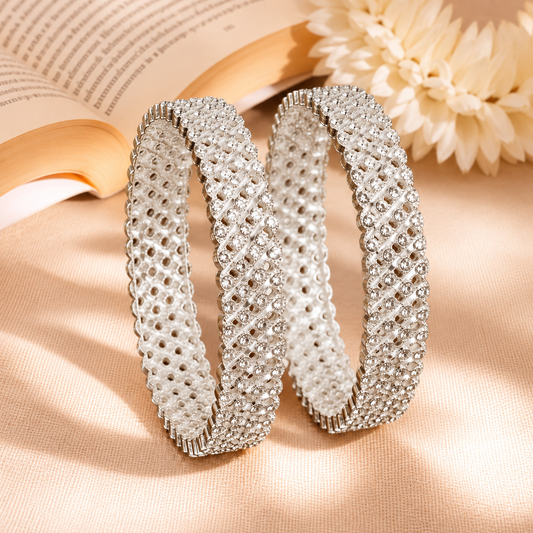 Silver-Plated Designer Crystal Stone Pattern Bangles - Set of 2