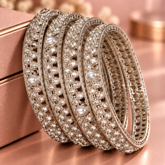Grey-American Diamond Studded Kundan Bangles - Set of 4