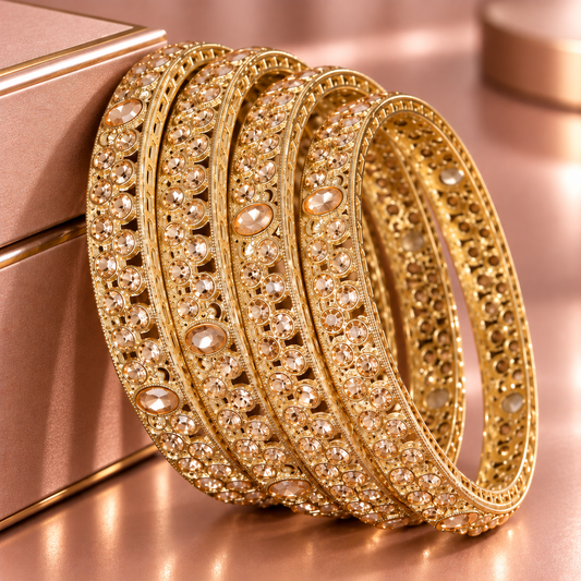Golden-American Diamond Studded Kundan Bangles - Set of 4