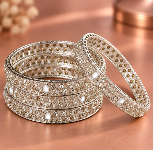 Grey-American Diamond Studded Kundan Bangles - Set of 4