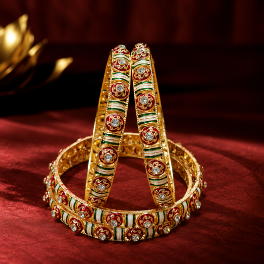 Golden Metal Kada Bangles with Red & Green Enamel Floral Design – Pack of 4