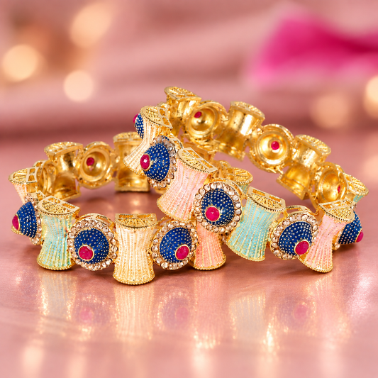 MultiColour Plated Traditional Alloy Kundan Kada Set - Set of 2
