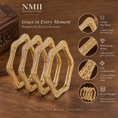 Golden Filigree Geometric Kada Bangles - Set Of 4