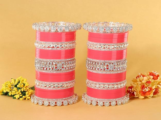 Peach & Silver Bridal Chuda with Zircon Detailing Set of 2