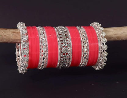 Peach & Silver Bridal Chuda with Zircon Detailing Set of 2