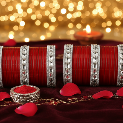 Red Bridal Chuda with Silver Stone Borders – Traditional & Elegant Set of 2