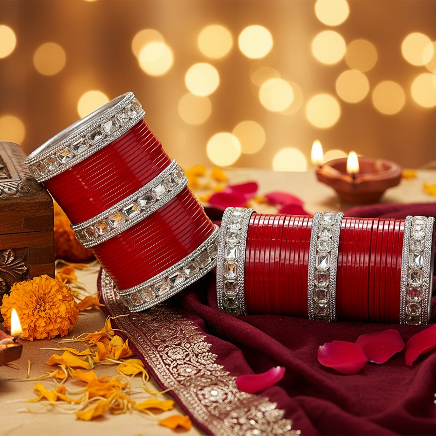Red Bridal Chuda with Silver Stone Borders – Traditional & Elegant Set of 2