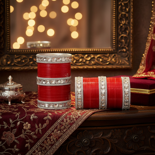Red Bridal Chuda with Silver Stone Borders – Traditional & Elegant Set of 2