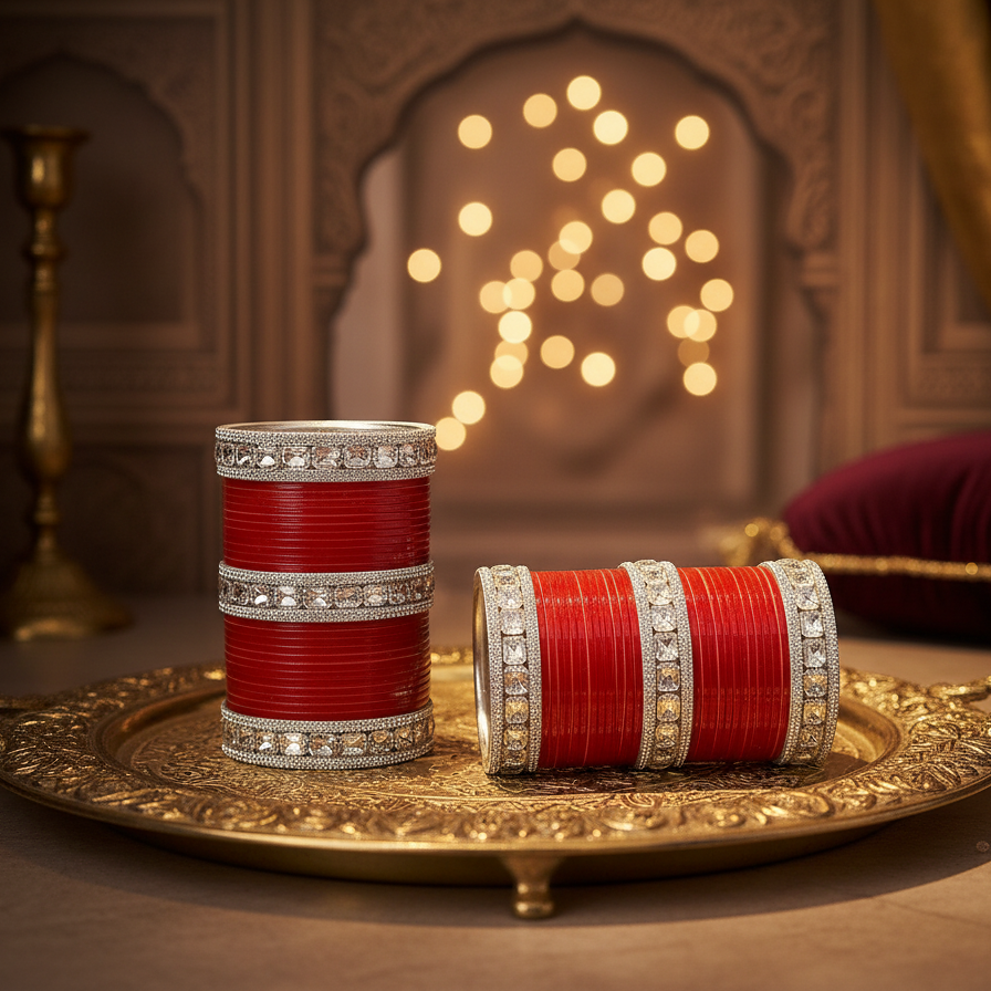 Red Bridal Chuda with Silver Stone Borders – Traditional & Elegant Set of 2