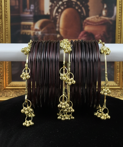Trendy Ghungroo Glass Bangles Set for Women & Girls | Brown Kashmiri Style Bangles | Pack of 20 with Golden Metal Charm