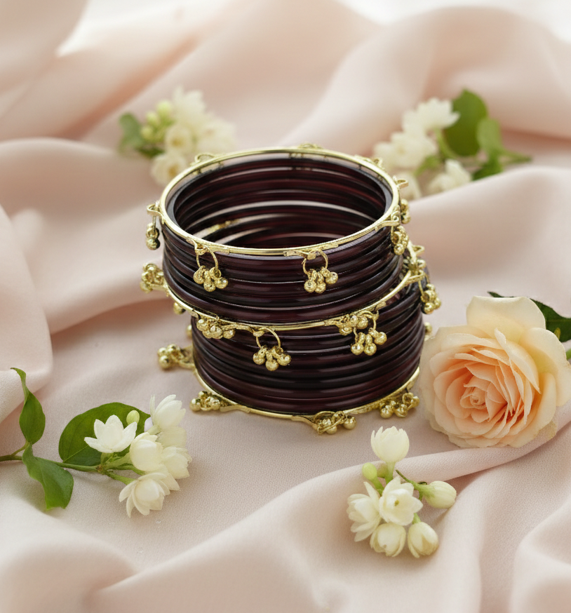Trendy Ghungroo Glass Bangles Set for Women & Girls | Brown Kashmiri Style Bangles | Pack of 20 with Golden Metal Charm