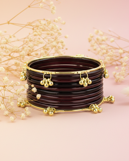 Trendy Ghungroo Glass Bangles Set for Women & Girls | Brown Kashmiri Style Bangles | Pack of 20 with Golden Metal Charm