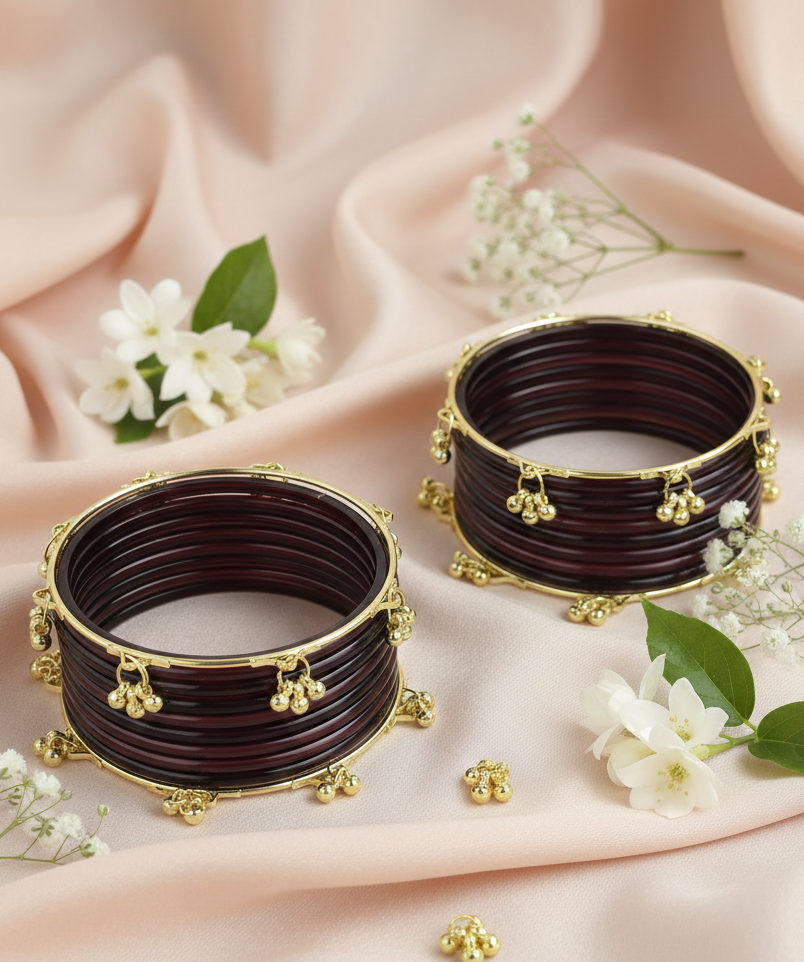Trendy Ghungroo Glass Bangles Set for Women & Girls | Brown Kashmiri Style Bangles | Pack of 20 with Golden Metal Charm