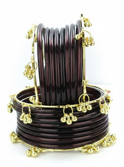 Trendy Ghungroo Glass Bangles Set for Women & Girls | Brown Kashmiri Style Bangles | Pack of 20 with Golden Metal Charm