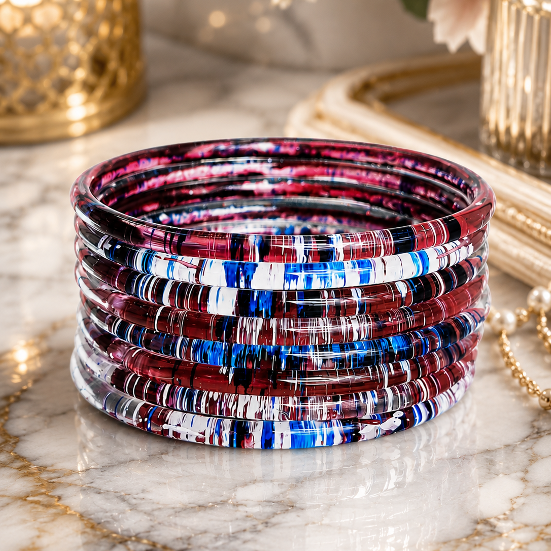Glossy 3D Glass Bangle Set For Women - Set Of 8