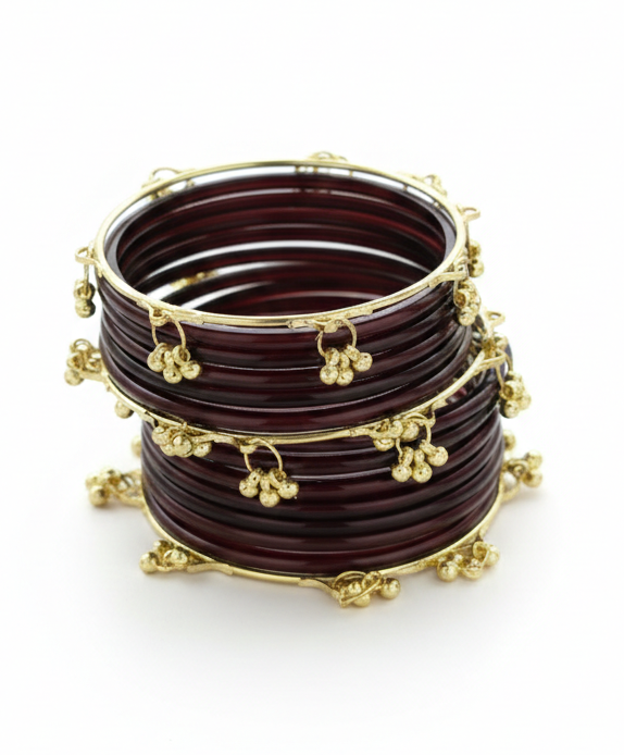 Trendy Ghungroo Glass Bangles Set for Women & Girls | Brown Kashmiri Style Bangles | Pack of 20 with Golden Metal Charm
