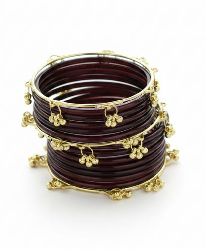 Trendy Ghungroo Glass Bangles Set for Women & Girls | Brown Kashmiri Style Bangles | Pack of 20 with Golden Metal Charm