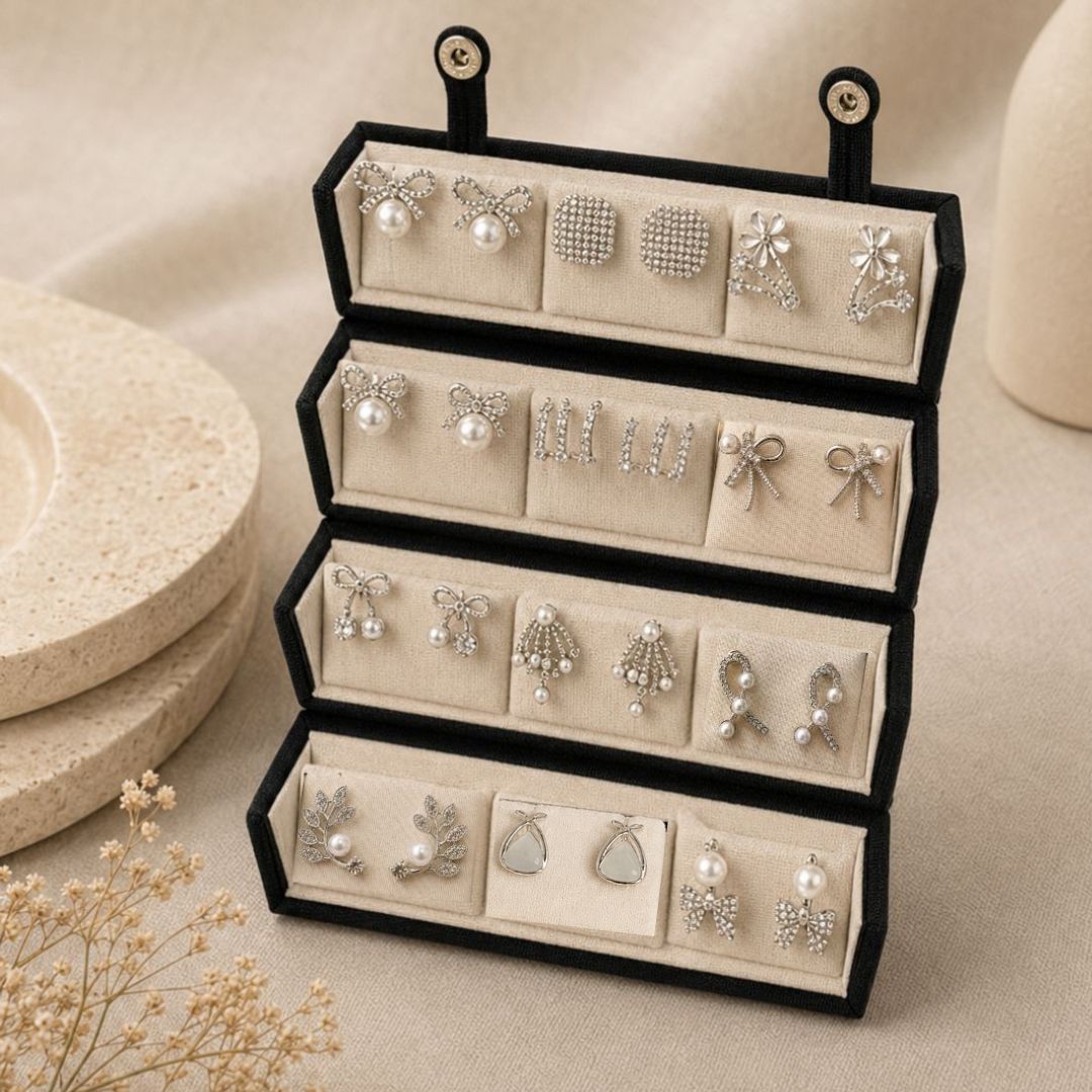 Korean Zircon & Pearl Silver Earrings Combo- Pack of 12