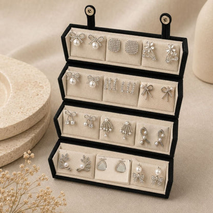Korean Zircon & Pearl Silver Earrings Combo- Pack of 12
