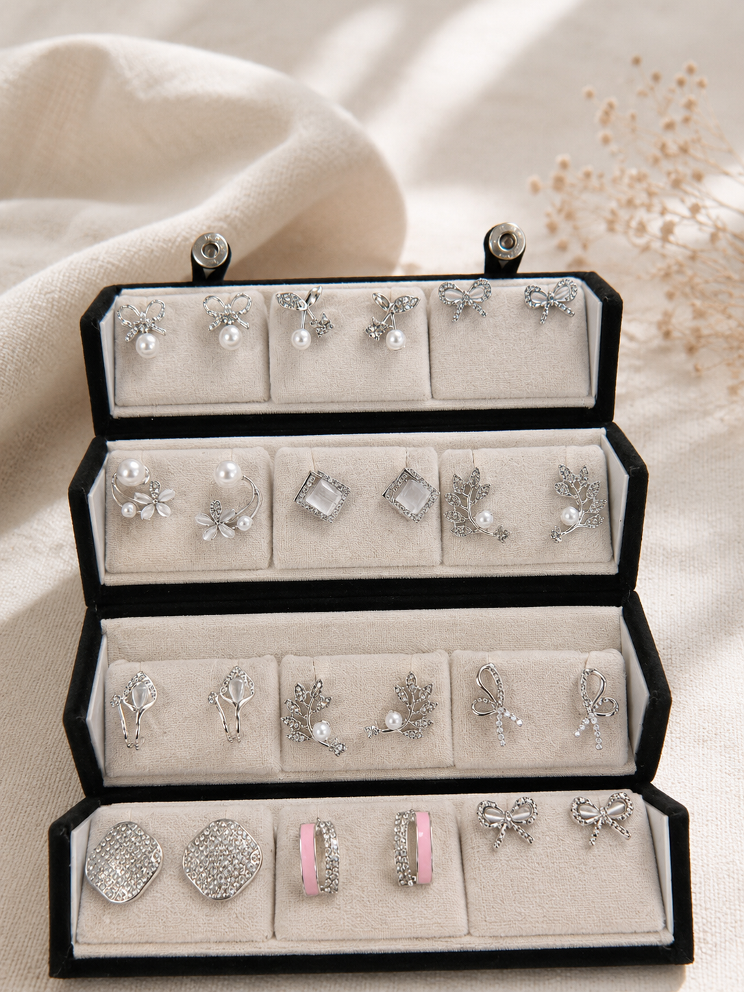 Korean Zircon & Pearl Silver Earrings Combo- Pack of 12