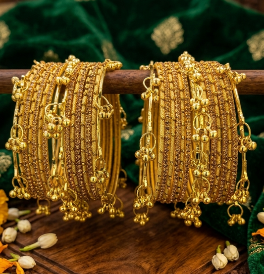 Traditional Cream Silk Thread Bangles Set of 32 | Kashmiri Goti Metal Kangan for-Set of 32