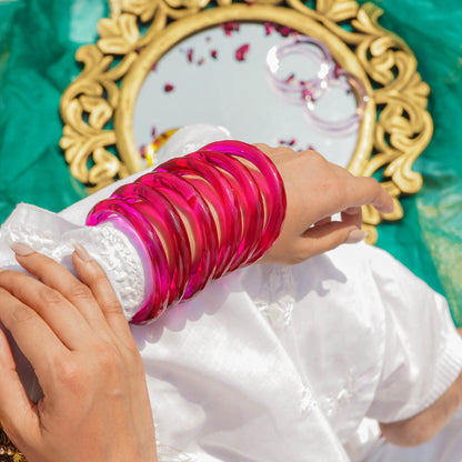 Glass Bangles Set of 2 Transparent Hot pink Crystal Cut Daily Wear