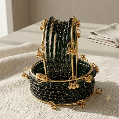 Trendy Glass Bangles With Gold Ghunghroo Set - Set Of 16