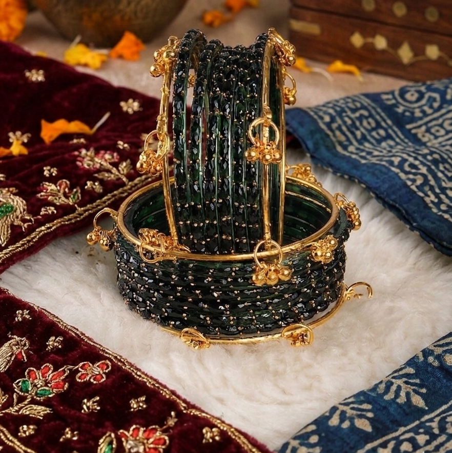 Trendy Glass Bangles With Gold Ghunghroo Set - Set Of 16