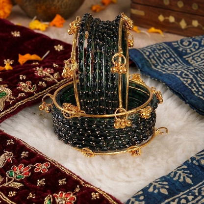 Trendy Glass Bangles With Gold Ghunghroo Set - Set Of 16