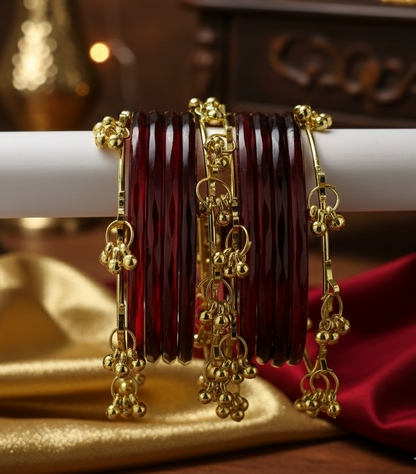 Stylish Maroon Ghungroo Bangles Set  Gold-Toned Alloy with Traditional Latkan Design | Festive & Wedding Wear (Set of 12)