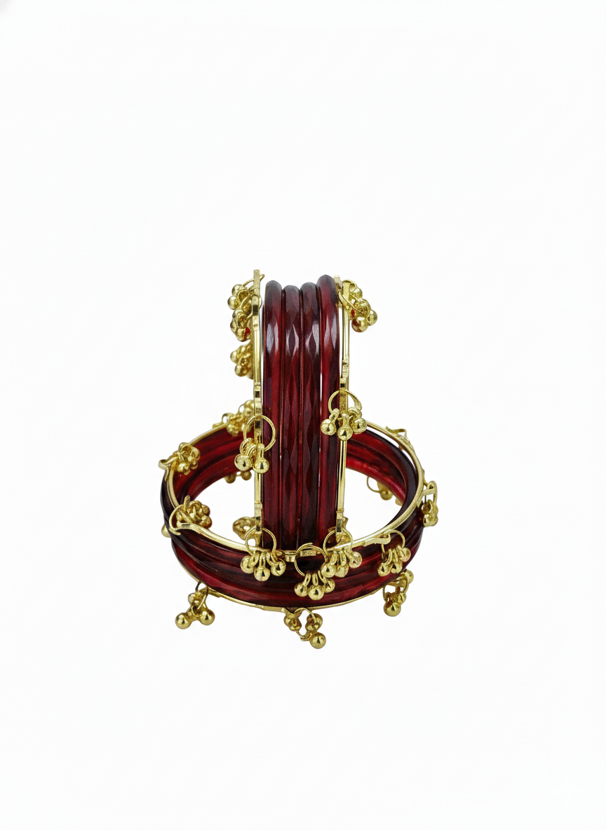 Stylish Maroon Ghungroo Bangles Set  Gold-Toned Alloy with Traditional Latkan Design | Festive & Wedding Wear (Set of 12)