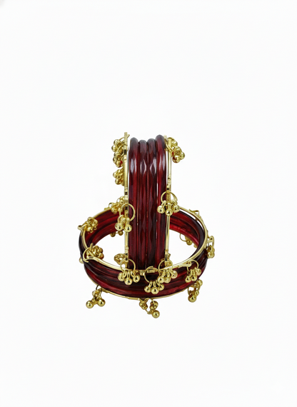 Stylish Maroon Ghungroo Bangles Set  Gold-Toned Alloy with Traditional Latkan Design | Festive & Wedding Wear (Set of 12)