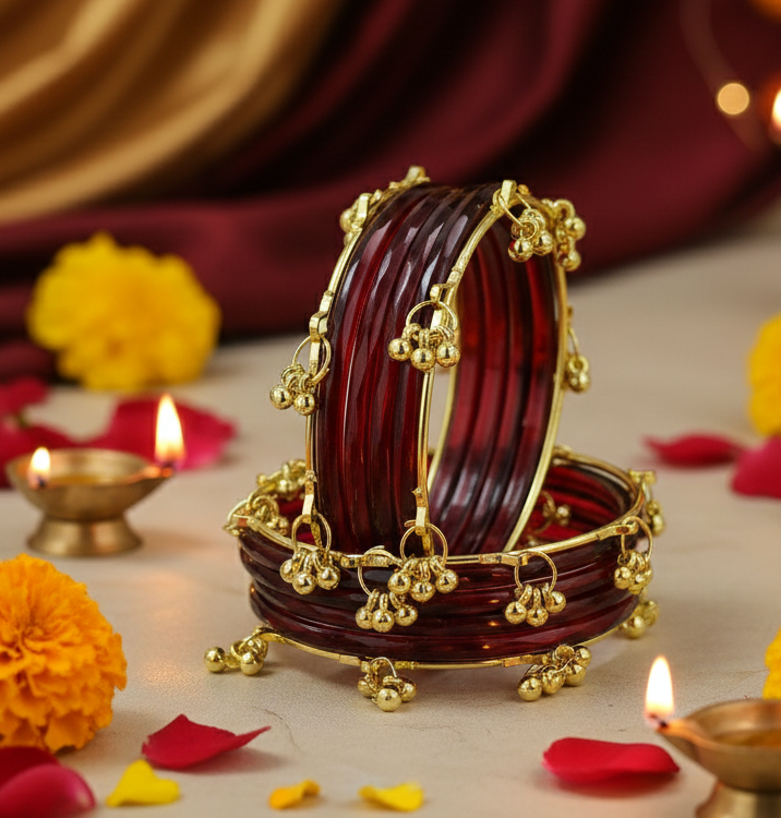 Stylish Maroon Ghungroo Bangles Set  Gold-Toned Alloy with Traditional Latkan Design | Festive & Wedding Wear (Set of 12)