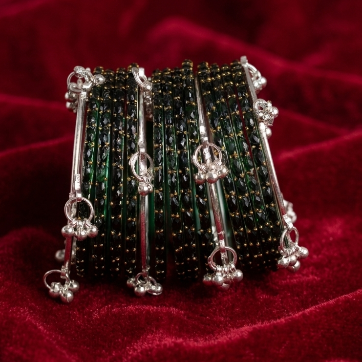 Trending Glass Bangle With Silver Ghunghroo Set For Women & Girls - Set Of 16