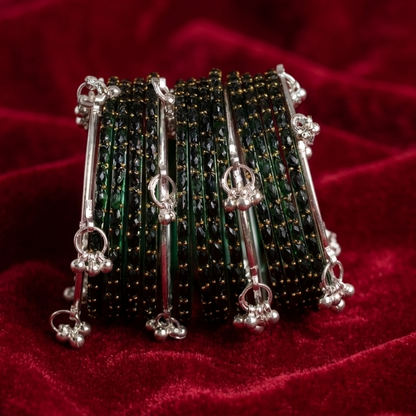 Trending Glass Bangle With Silver Ghunghroo Set For Women & Girls - Set Of 16