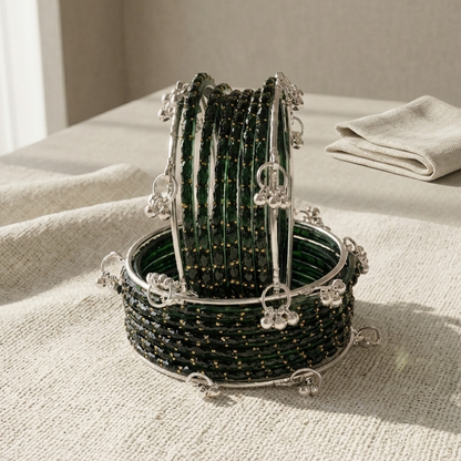 Trending Glass Bangle With Silver Ghunghroo Set For Women & Girls - Set Of 16