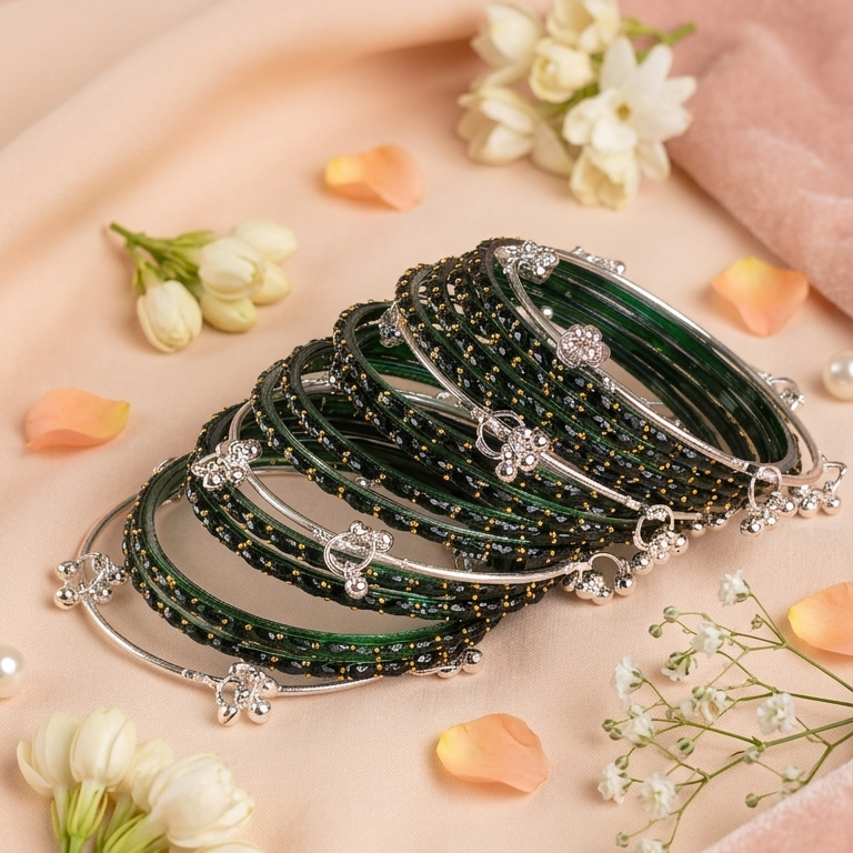 Trending Glass Bangle With Silver Ghunghroo Set For Women & Girls - Set Of 16