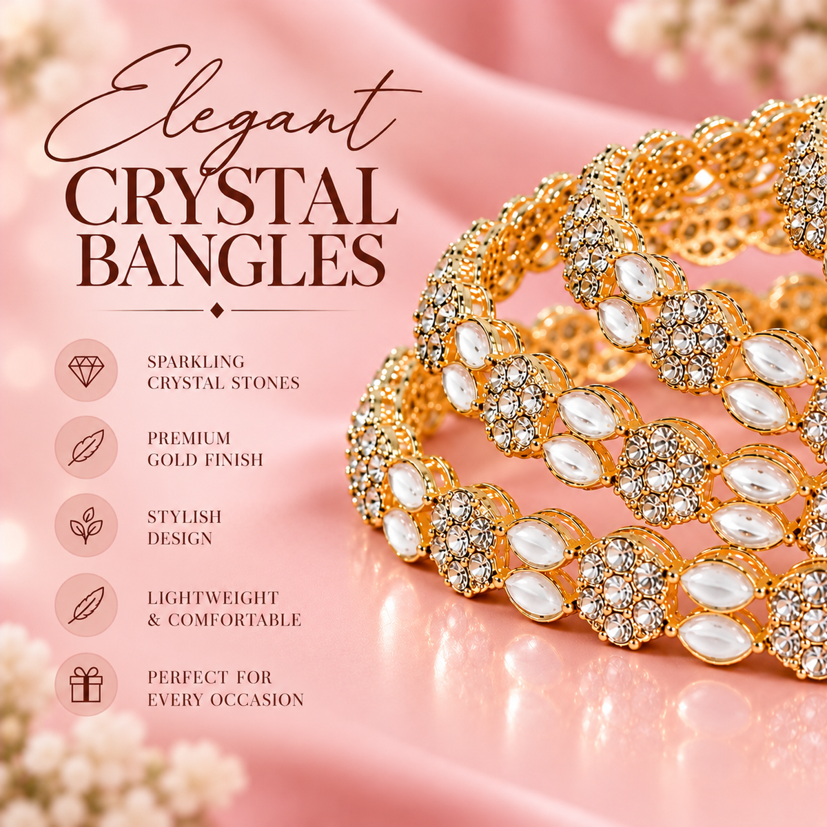 Gold Plated & Crystal Stone Studded Designer Bangles Set - Set Of 4