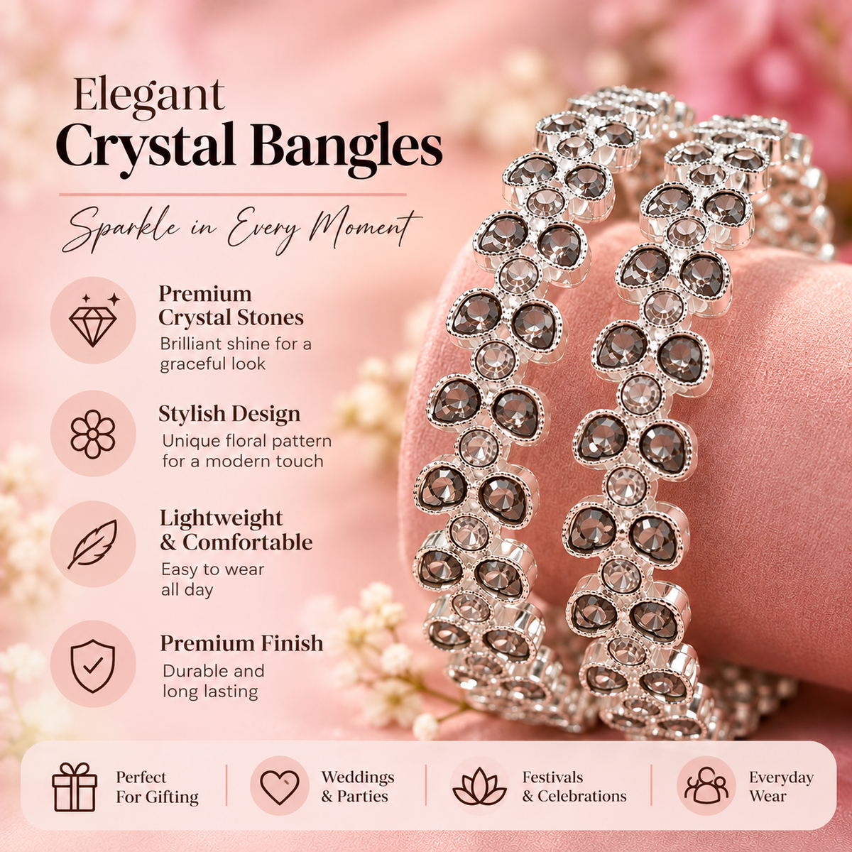 Silver Plated Designer Bangles Set With Crystal Stones - Set Of 4
