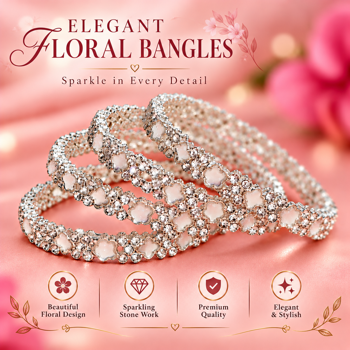 Elegant Silver Floral Bangles with Sparkling Crystal & Pearl Detailing - Set Of 4