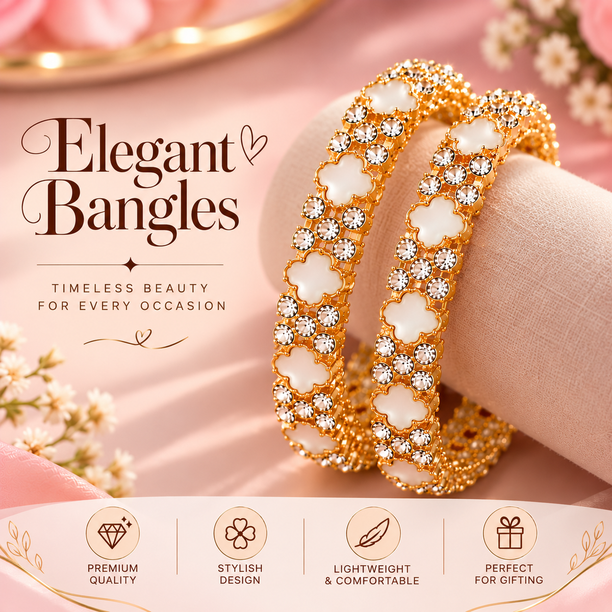Elegant Golden Floral Bangles with Sparkling Crystal & Pearl Detailing - Set Of 4