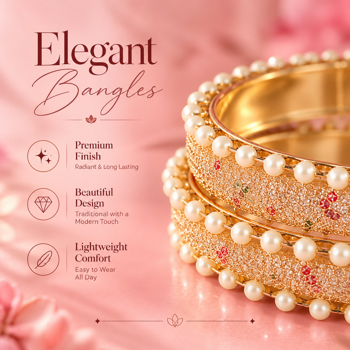 Pearl-Embellished GoldMulti Designer Bangles Set With Stylish Pearls - Set Of 2
