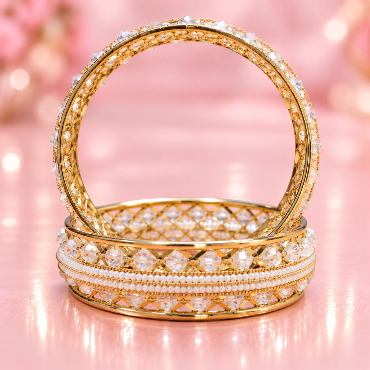 Designer Gold Plated Alloy Bangles Set With Stones Pearl - Set Of 2