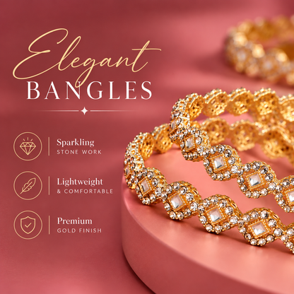 Royal Gold Designer Bangle Set With Stylish Pattern & Crystal Stones - Set Of 4