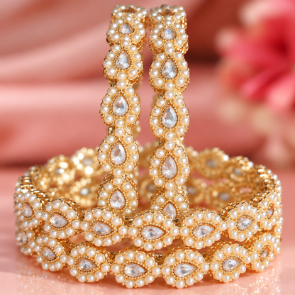 GoldSilver Plated Pearl and Crystal Stone Studded Bridal Bangles Set - Set Of 4