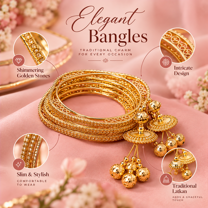 Designer Gold Plated Stone Studded with Latkan Charms Bangle Set - Set Of 4
