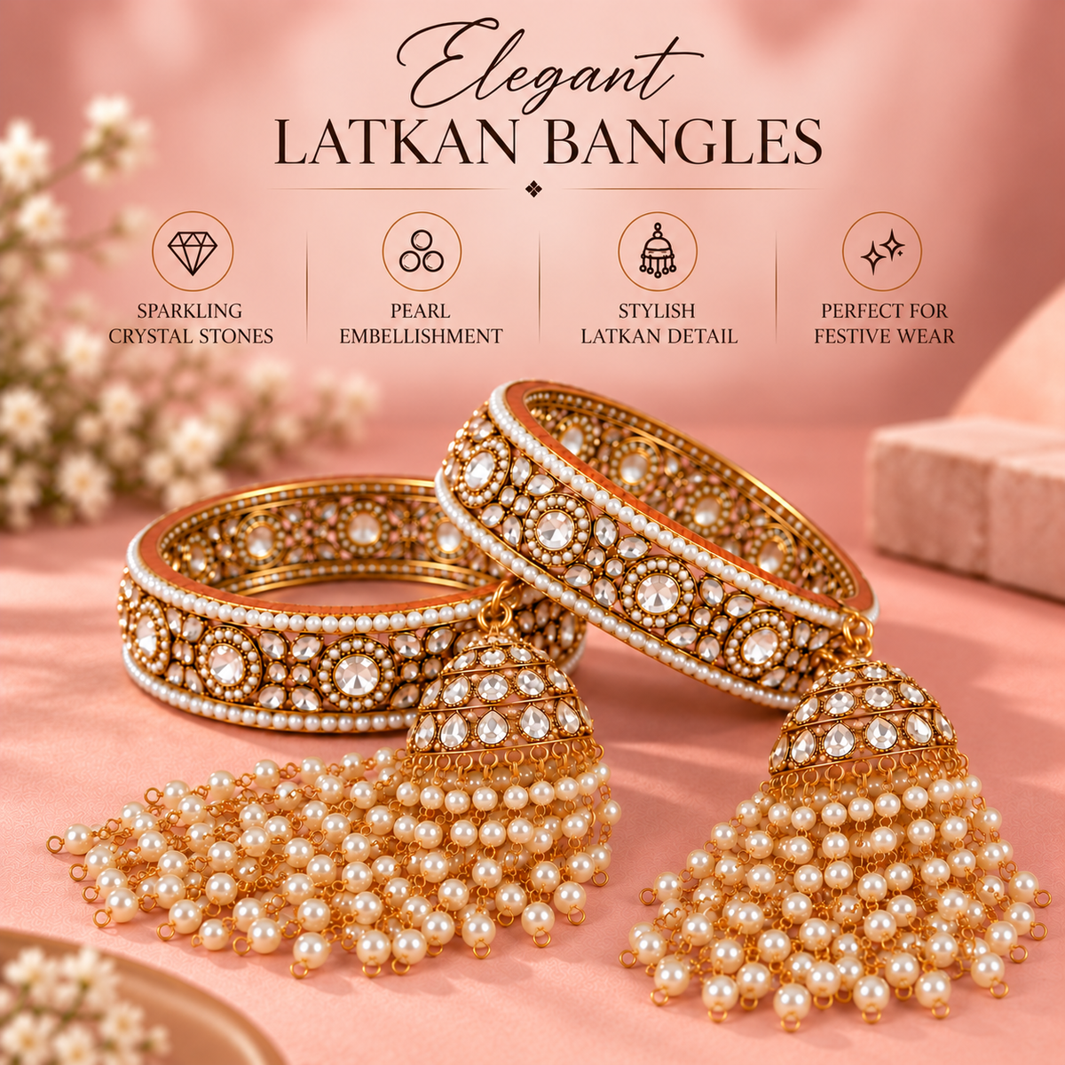 Premium Goldsilver Pearl-Studded Kundan Kada Bangles with Latkan - Set Of 2