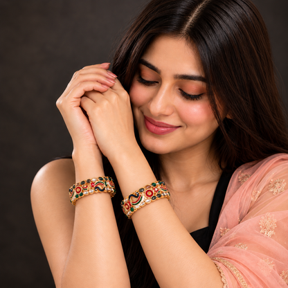 Traditional Gold-Plated Meenakari Kada Bangles with Multicolor Stonework - Set Of 2